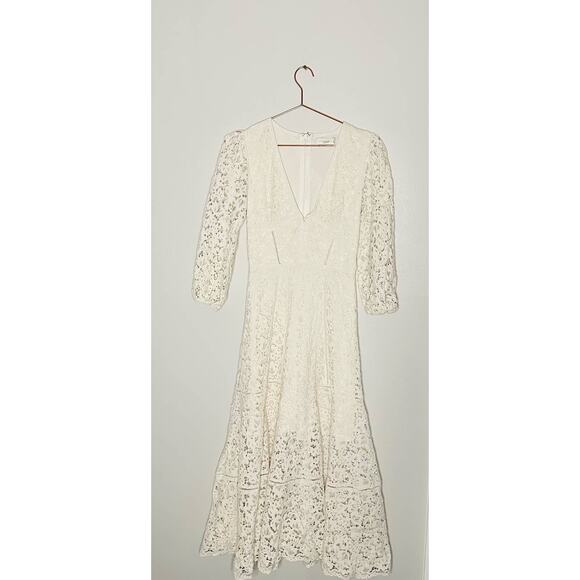 Jonathan Simkhai White Puff Sleeve V-Neck Intricate Lace Midi Dress Size 2 - Picture 4 of 16